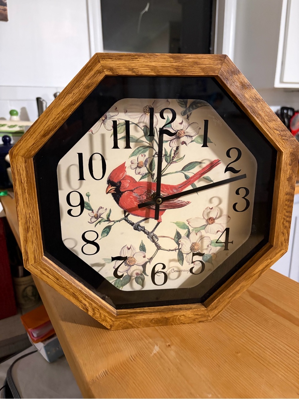 Red Cardinal Floral Wall Clock - Classic Octagon Design